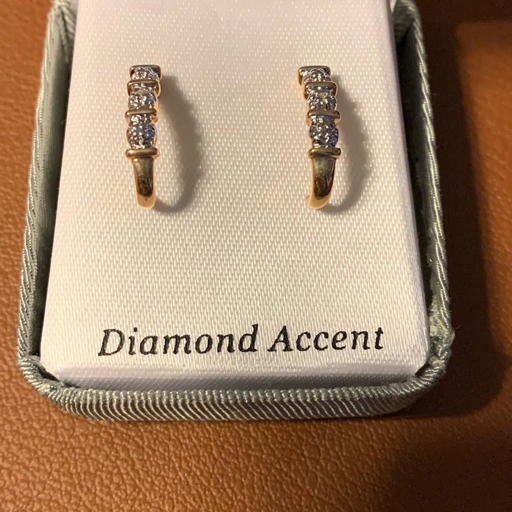 Diamond Accent J-Hoop Earrings 18K Gold Over Sterling Silver